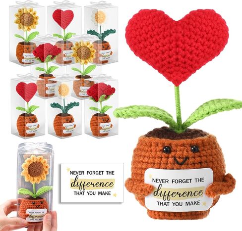 8 Pcs Crochet Sunflowers Bulk Heart Rose Employee Appreciation Gift with 8 Gift Box Positive Handmade Crochet with Card Emotional Encouragement Plant Gifts for Christmas Teacher Staff Women in Kuwait