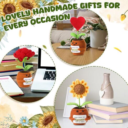 8 Pcs Crochet Sunflowers Bulk Heart Rose Employee Appreciation Gift with 8 Gift Box Positive Handmade Crochet with Card Emotional Encouragement Plant Gifts for Christmas Teacher Staff Women in Kuwait