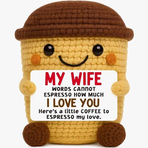 Gifts for Wife from Husband | Funny Birthday, Anniversary, Christmas Gifts for Her | Handmade Crochet Coffee Keepsake & Unique Sentimental I Love You Card in Kuwait