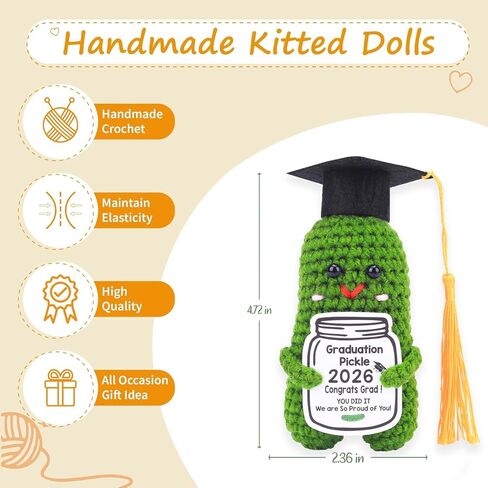 2026 Graduation Gift Emotional Support,Handmade Pickle Doll with Doctoral Hat,Cute Knitted Cucumber Doll with Comes Tassels in 5 in Saudi Arabia