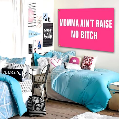 siixoi momma aint رفع لا الكلبة العلم 3x5 قدم مضحك الوردي رجل الكهف جدار العلم لغرفة في سن المراهقة الفتيات غرفة نوم داخلية وكلية النوم جدار ديكور راية نسيج الهدايا in Kuwait