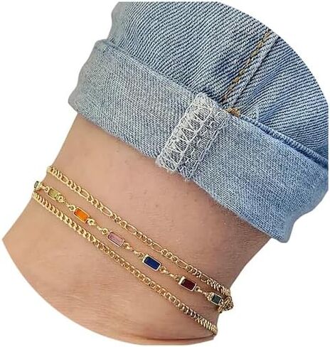 14k Gold Stackable Anklet Set for Woman Girls Teen,Adjustable Dainty Cute Colored Zircon Anklets,Cuban Beach Jewelry Gifts for Friends. in Kuwait