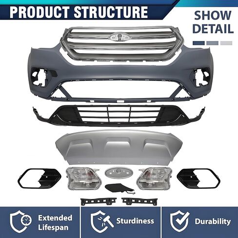 PENSUN Front Bumper Cover Kit for Ford Escape 2017-2019-S SE SEL - Front Bumper Body Kit with Grille, Lower Valance Skid Plate & Fog lights Kit in Saudi Arabia