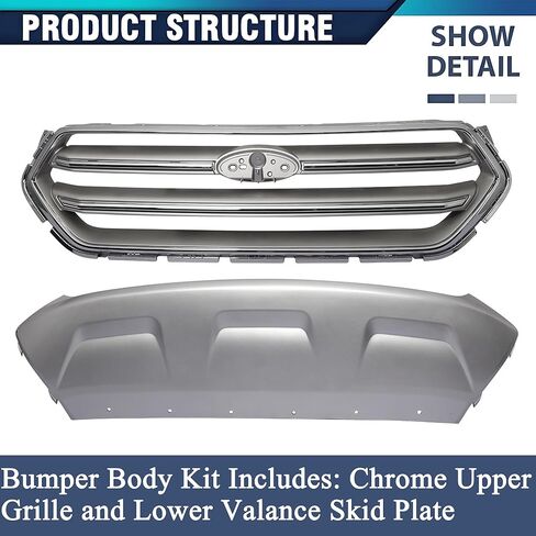 PENSUN Front Bumper Cover Kit for Ford Escape 2017-2019-S SE SEL - Front Bumper Body Kit with Grille, Lower Valance Skid Plate & Fog lights Kit in Saudi Arabia
