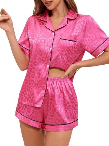 Satin Pajamas Set Women Short Sleeve Pj Sets Button Down Sleepwear Soft in Saudi Arabia