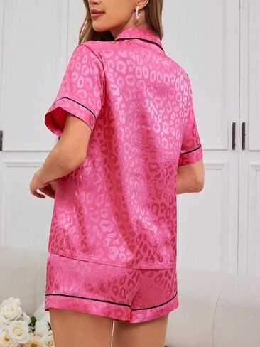 Satin Pajamas Set Women Short Sleeve Pj Sets Button Down Sleepwear Soft in Saudi Arabia