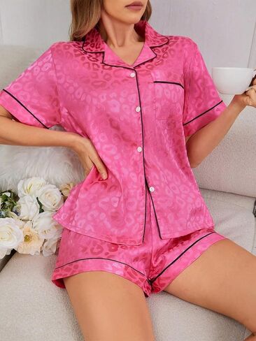 Satin Pajamas Set Women Short Sleeve Pj Sets Button Down Sleepwear Soft in Saudi Arabia
