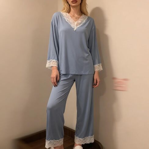 2 Pcs Women 's Long Sleeve Sleep Set 2026 trendyV Neck Basic/Casual Four seasons Pajamas Blue in Saudi Arabia