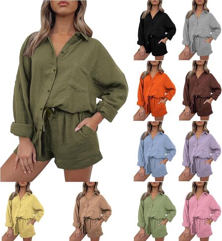 2 Piece Sets for Women Cotton Linen Lounge Sets Button Down Oversized Shirts and Shorts Pajama Set Loungewear in Saudi Arabia