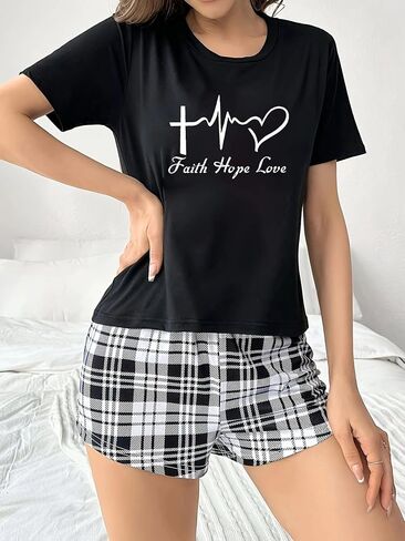 Pajamas for Women Set, 2 Piece Sleepwear Loungewear Sets, Short Sleeve Crew Neck Print Top with Plaid Shorts Casual Home Wear in Saudi Arabia