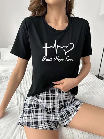 Pajamas for Women Set, 2 Piece Sleepwear Loungewear Sets, Short Sleeve Crew Neck Print Top with Plaid Shorts Casual Home Wear in Saudi Arabia