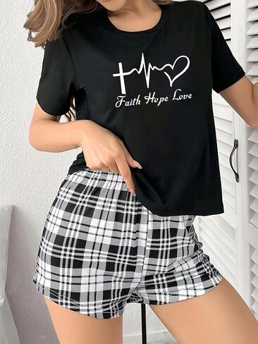 Pajamas for Women Set, 2 Piece Sleepwear Loungewear Sets, Short Sleeve Crew Neck Print Top with Plaid Shorts Casual Home Wear in Saudi Arabia