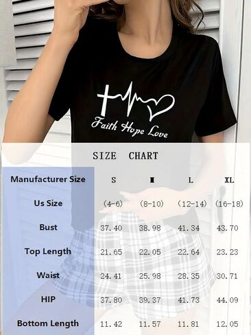 Pajamas for Women Set, 2 Piece Sleepwear Loungewear Sets, Short Sleeve Crew Neck Print Top with Plaid Shorts Casual Home Wear in Saudi Arabia