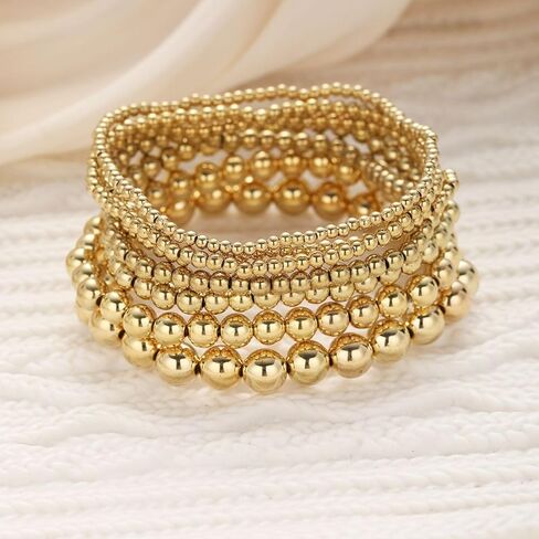 Gold Stacking Beaded Stretch Bracelet Set for Women,7Pcs Simple Gold Round Ball Handmade Beaded Chain Bracelet,Stackable Layered Elastic Bracelet in Saudi Arabia