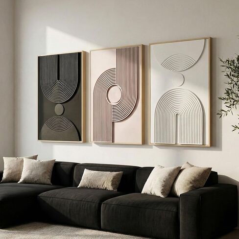 Large 3D Textured Framed Neutral Abstract Wall Art for Living Room, 3 Piece Modern Minimalist Artwork for Walls, Black White Beige Geometric Arches Pictures for Entryway Office Decor 24x36 In in Saudi Arabia