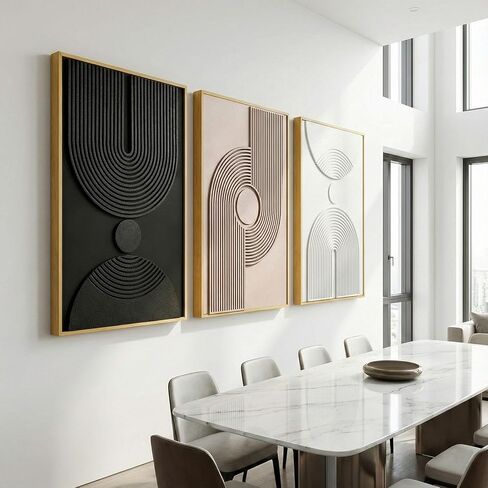 Large 3D Textured Framed Neutral Abstract Wall Art for Living Room, 3 Piece Modern Minimalist Artwork for Walls, Black White Beige Geometric Arches Pictures for Entryway Office Decor 24x36 In in Saudi Arabia