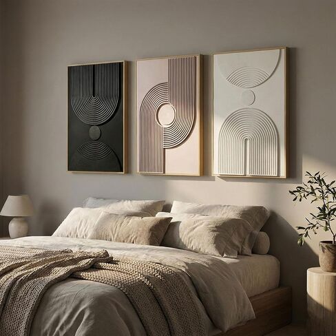 Large 3D Textured Framed Neutral Abstract Wall Art for Living Room, 3 Piece Modern Minimalist Artwork for Walls, Black White Beige Geometric Arches Pictures for Entryway Office Decor 24x36 In in Saudi Arabia