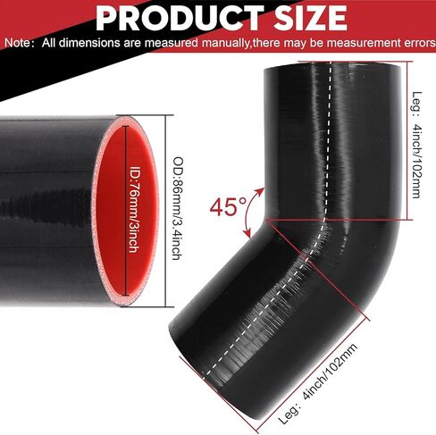 خرطوم سيليكون على شكل كوع 45 درجة، 3 بوصة (76 مم)، مقاس عالمي، أحمر، مقوى بـ 4 طبقات، سمك 5 مم، طول 4 بوصة، أنبوب تبريد داخلي، تشطيب آلي in Kuwait