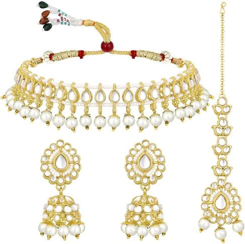 Aheli Kundan Studded Choker Necklace Jhumki Earring & Maang Tikka Ethnic Fashion Bharatanatyam jewellery set Gift for Women in Saudi Arabia