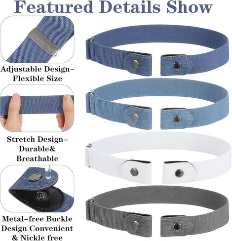 4pcs No Buckle Belt, Elastic Buckle Belt Adjustable Toddler Belts Baby Belts For Girls Boys Toddler Kids (White, Grey, Blue, Blue) in Saudi Arabia