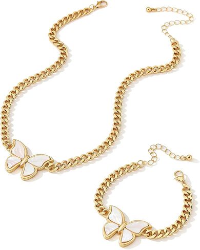 PINK TOWN 2 Pieces Butterfly Cuban Jewelry Set Gold Butterfly Necklaces Bracelet Set Chunky Gold Choker Necklace Vintage Butterfly Necklace Bracelet Set Fashion Butterfly Set Jewelry in Saudi Arabia