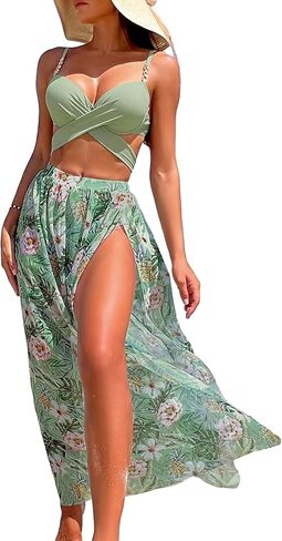 SweatyRocks Women's 3 Piece Floral Tropical Swimsuit Crisscross Tie Back Bikini Sets with Cover Up Skirt in Saudi Arabia