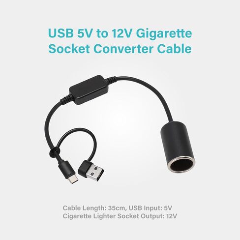 USB to Cigarette Lighter Adapter, 35cm Cable, USB A & C Input 5V, 12V Car Cigarette Lighter Socket Output, Power Converter for Dash Cam, GPS, LED Lights& More in Saudi Arabia