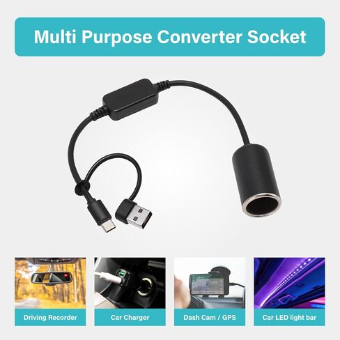 USB to Cigarette Lighter Adapter, 35cm Cable, USB A & C Input 5V, 12V Car Cigarette Lighter Socket Output, Power Converter for Dash Cam, GPS, LED Lights& More in Saudi Arabia