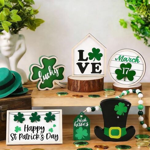 DIYDEC 6Pcs St.Patrick's Day Table Decoration Luck Shamrocks Wooden Signs Irish Decor Rustic St. Patrick Tiered Tray Decor Happy St.Patrick's Day Centerpiece Sign for Home Table Shelf Party Decor in Saudi Arabia