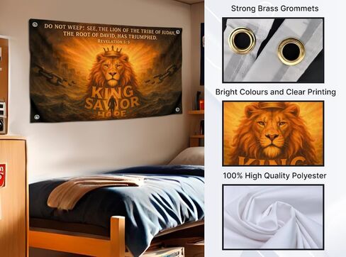 3x5 Ft Christian Lion of Judah Flag with Quote - "Do Not Weep See The Lion Of The Tribe" with 4 Brass Grommets - Polyester Decor for Church and Home - Single Sided Christian Banner for Room in Saudi Arabia