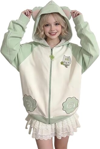 Y2k Kawaii التطريز الجرافيك طباعة الحيوان الأذن زمم هوديي Harajuku Preppy خمر Colorblock راجلان فضفاض سترة in Kuwait