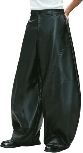 GORGLITTER Men's Leather Pants Y2K Wide Leg Baggy Barrel Pants Disco Party Rave Trousers with Pockets Streewear in Saudi Arabia