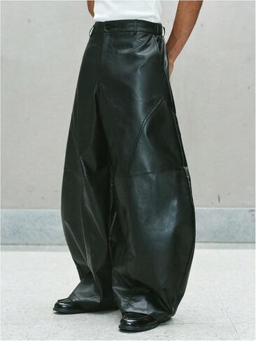 GORGLITTER Men's Leather Pants Y2K Wide Leg Baggy Barrel Pants Disco Party Rave Trousers with Pockets Streewear in Saudi Arabia