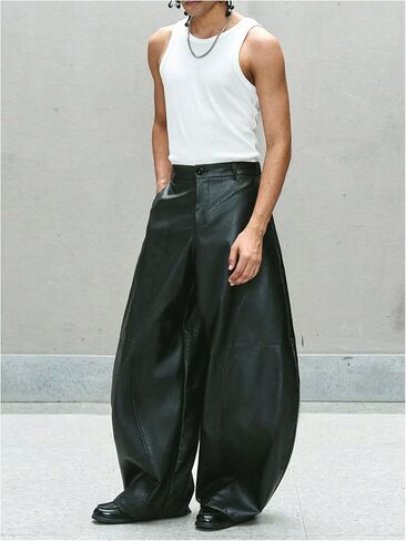 GORGLITTER Men's Leather Pants Y2K Wide Leg Baggy Barrel Pants Disco Party Rave Trousers with Pockets Streewear in Saudi Arabia