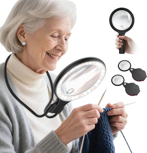 عدسة مكبرة لملابس الرقبة مع ضوء للعمل عن قرب، عدسة مكبرة مضاءة محمولة مقاس 5.5 بوصة 5X لقراءة الكتب، تتضمن قطعتين من النظارات المكبرة الصغيرة 10X مع غمد واقي in Kuwait