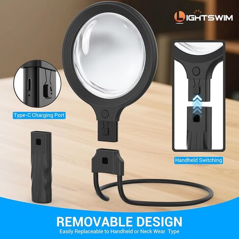 عدسة مكبرة لملابس الرقبة مع ضوء للعمل عن قرب، عدسة مكبرة مضاءة محمولة مقاس 5.5 بوصة 5X لقراءة الكتب، تتضمن قطعتين من النظارات المكبرة الصغيرة 10X مع غمد واقي in Kuwait