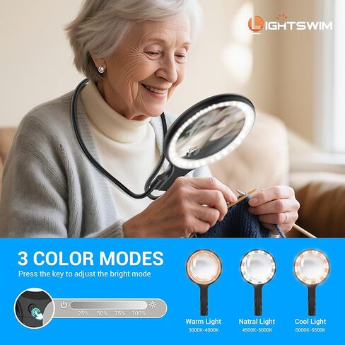 عدسة مكبرة لملابس الرقبة مع ضوء للعمل عن قرب، عدسة مكبرة مضاءة محمولة مقاس 5.5 بوصة 5X لقراءة الكتب، تتضمن قطعتين من النظارات المكبرة الصغيرة 10X مع غمد واقي in Kuwait