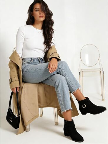 ClassicSter Womens Faux Suede Booties Round Toe Chunky Low Heel Zip Up Ankle Boots with Buckle,Dress Closed Toe Ankle Boot in Saudi Arabia