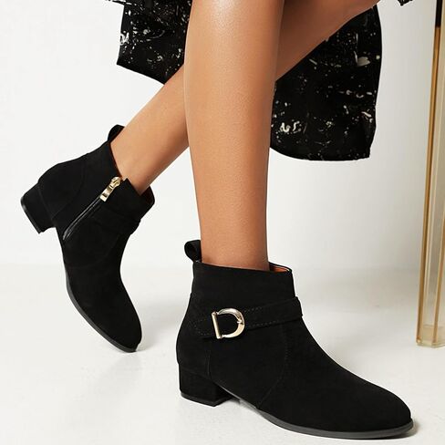 ClassicSter Womens Faux Suede Booties Round Toe Chunky Low Heel Zip Up Ankle Boots with Buckle,Dress Closed Toe Ankle Boot in Saudi Arabia