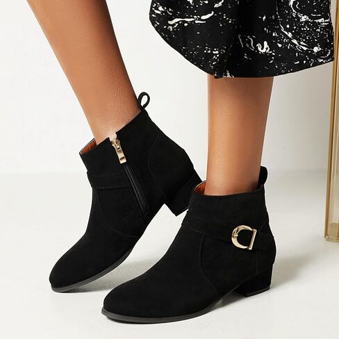 ClassicSter Womens Faux Suede Booties Round Toe Chunky Low Heel Zip Up Ankle Boots with Buckle,Dress Closed Toe Ankle Boot in Saudi Arabia