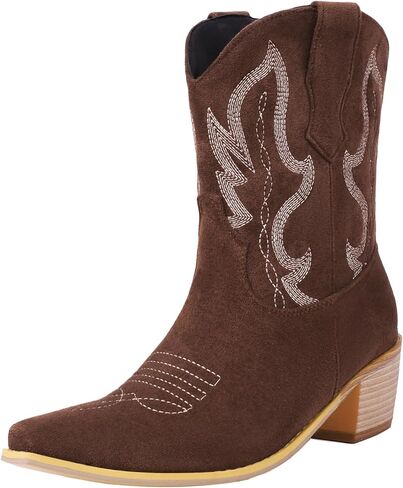 Cozivwaiy الكلاسيكية كاوبوي الجوارب المطرزة النساء أشار تو حذاء من الجلد أحذية البلاد الغربية سحب على كتلة كعب الجوارب in Kuwait