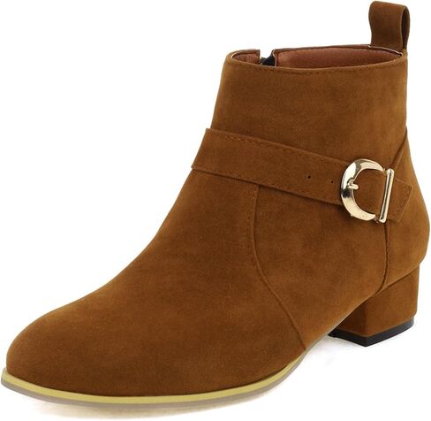 حذاء نسائي من ClassicSter مصنوع من الجلد السويدي الصناعي بمقدمة مستديرة وكعب منخفض مكتنز وسحاب للكاحل مع إبزيم، فستان مغلق عند أصابع القدم حتى الكاحل in Kuwait