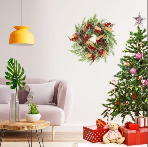 إكليل عيد الميلاد مقاس 23 بوصة للباب الأمامي مع شماعات، إكليل عيد الميلاد في الهواء الطلق مع أكواز الصنوبر والتوت الأحمر وشريط الخيش وندفة الثلج، وأكاليل الشتاء المملوءة بزخارف مختلطة، عبوتان in Kuwait