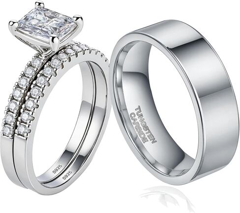 خواتم الزوجين مطلية بالذهب الأبيض 925 خاتم فضة استرليني 1CT مربع AAAAA تشيكوسلوفاكيا النساء خاتم الزواج مجموعات الرجال الزفاف الفرقة in Kuwait