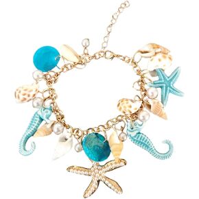 الملونة بلينغ شل محارة نجم البحر صدف سوار للنساء البوهيمي فو اللؤلؤ حبة قابل للتعديل سلسلة بيان سوار بوهو الصيف الشاطئ حزب مجوهرات هدية-C الأزرق in Kuwait