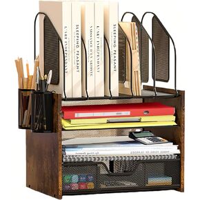 منظم مكتب خشبي - منظم ملفات سطح المكتب بطبقتين مع درج مع حامل ملفات عمودي، وصينية ورق خشبية، ومنظم مكتب المكتب وملحقات للأوراق والبريد والدفاتر والقرطاسية in Kuwait