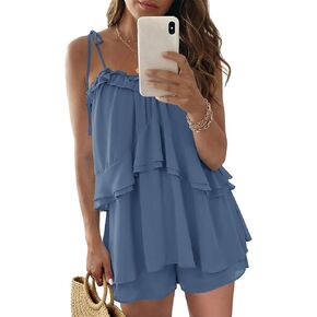 Wenrine Womens Summer Romper Dress Chiffon Spaghetti Strap Sleeveless Ruffle Tiered Short Jumpsuits Beach Vacation Rompers in Kuwait