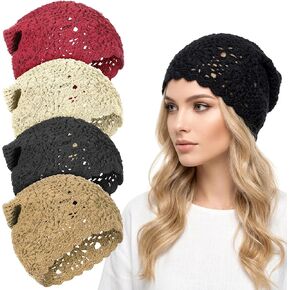 4 PCS Crochet Beanie for Women, Slouchy Beanies for Women Casual Handmade Crochet Hat Lightweight Hollow Design Knitted Hat Spring and Autumn Style One Size-4 Colors in Kuwait