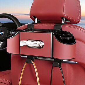 منظم المقعد الخلفي للسيارة مصنوع من الجلد - 4 في 1 لتخزين المقعد الخلفي للسيارة متعدد الوظائف مع حاملات أكواب وصندوق مناديل للهواتف والوجبات الخفيفة والمشروبات وحقائب اليد، ومسند رأس عالمي (أسود) in Kuwait