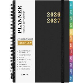 Planner 2026-2027: 2026-2027 Academic Planner Weekly and Monthly, Jul. 2026 - Jun. 2027, 5.5" x 8.2", Calendar Planner with Monthly Tabs, Flexible Cover, Thick Paper, Inner Pocket for School Office Supplies(Black) in Kuwait